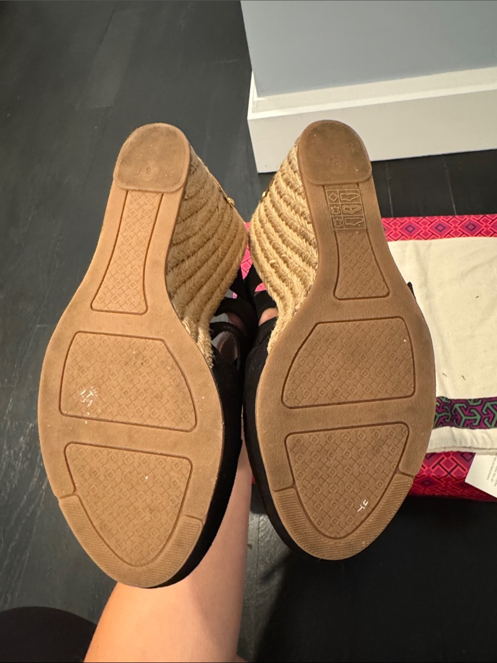 Tory Burch Black Suede Espadrille Wedge Sandals with Gold Logo - Picture 4 of 12